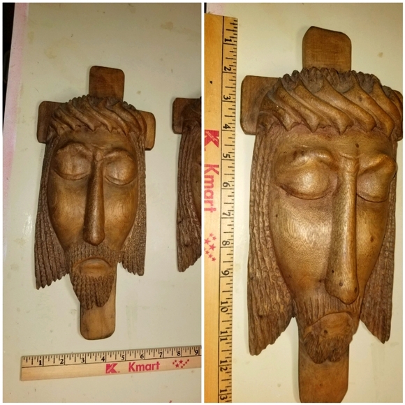 Pair HANDCARVED WOOD large JESUS HEADS wall plaques ARTIST SIGNED folk art - Picture 5 of 6